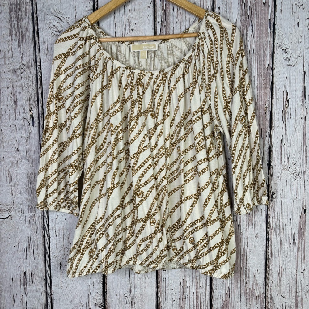 MICHAEL Michael KORS Women’s Plus Size 1X Chain Print Blouse Ivory Gold 3/4 Slv.